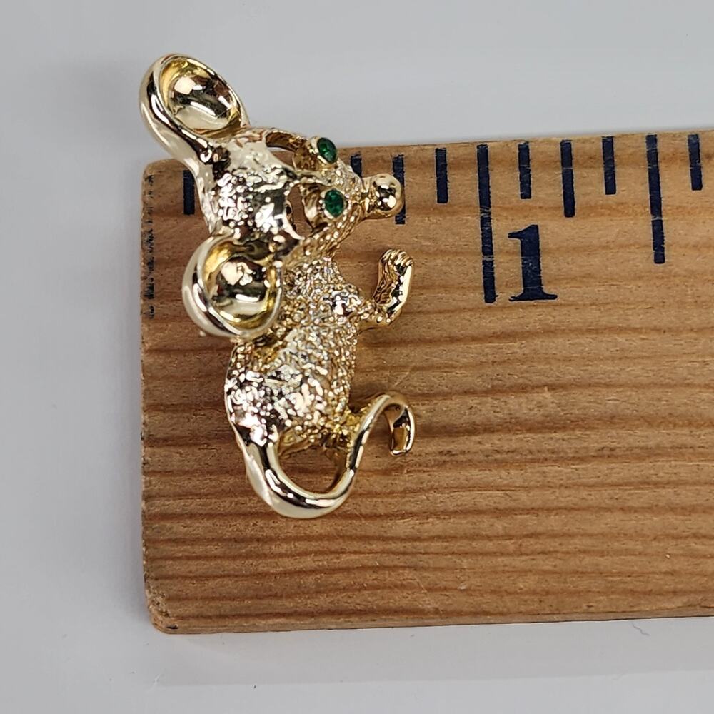 Vintage Gerry’s Mouse Brooch Pin 1.5” Gold Tone Green Eyes Rhinestones Signed - Picture 6 of 7